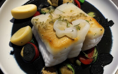 MERLUZA SUAVE CON AJO Y VERDURAS DE TEMPORADA, CON BOCABIST DE TINTA DE CALAMAR
